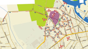 Mapa rejonu przy cmentarzu w Nowej Soli z oznaczonymi drogami jednokierunkowymi i parkingami dla samochodów