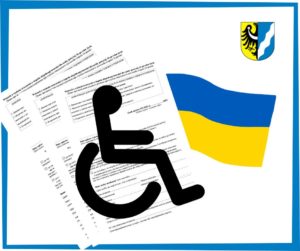 Wnioski w języku ukraińskim, symbol osób niepełnosprawnych oraz ukraińska flaga i godło powiatu