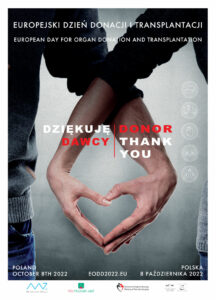 Plakat promujący Europejski Dzień Donacji i Transplantacji - dwie dołonien złaczone w serce