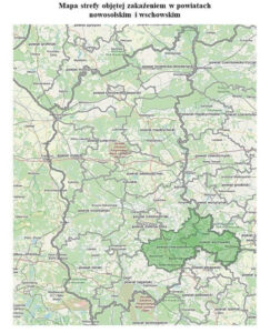 Mapa strefy objętej zakażeniem w powiatach wschowskim i nowosolskim